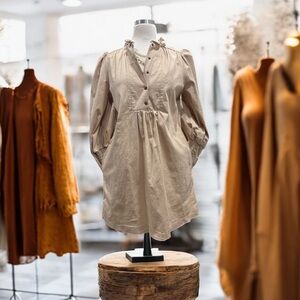 Pomander Place Khaki Claiborne Puff Sleeve Ruffle Neckline Mini Dress | Size M